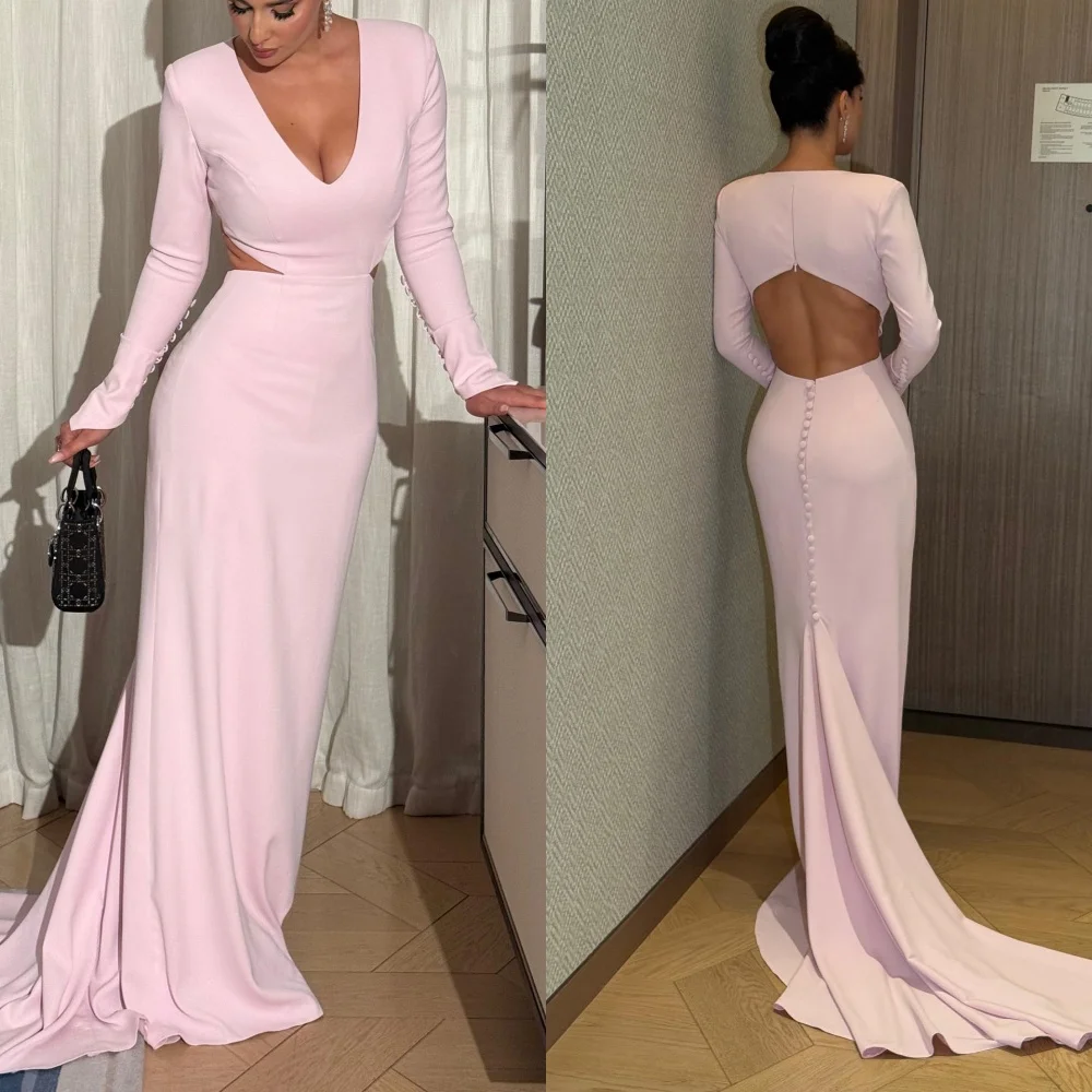 

Customized Exquisite High Quality Jersey Pleat Button Mermaid V-neck Long Dresses Bespoke Occasion Dresses Sizes Available Retro