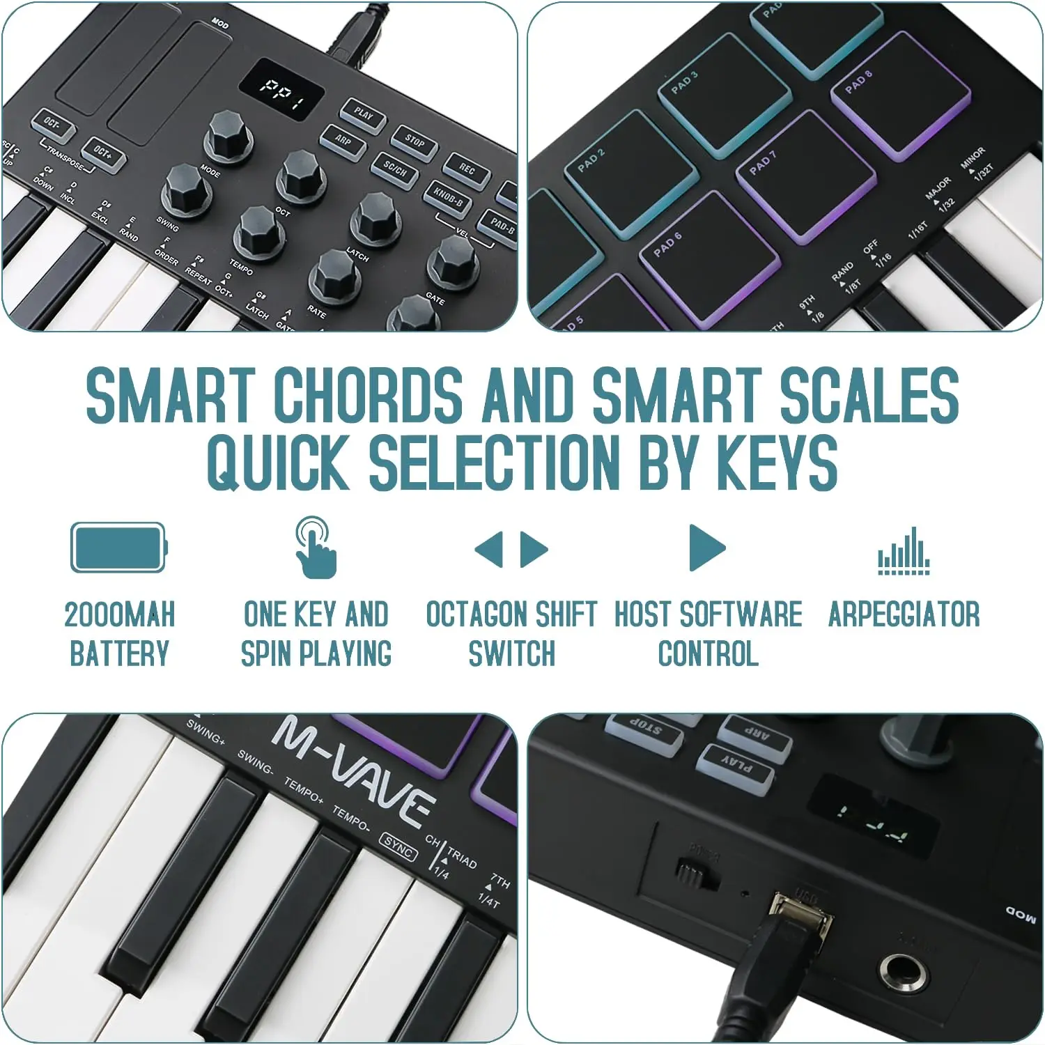 M-VAVE USB MIDI Keyboard Controller, 25-Key, Keyboard Piano, 8 RGB Backlit Drum Pads, 8 Knobs