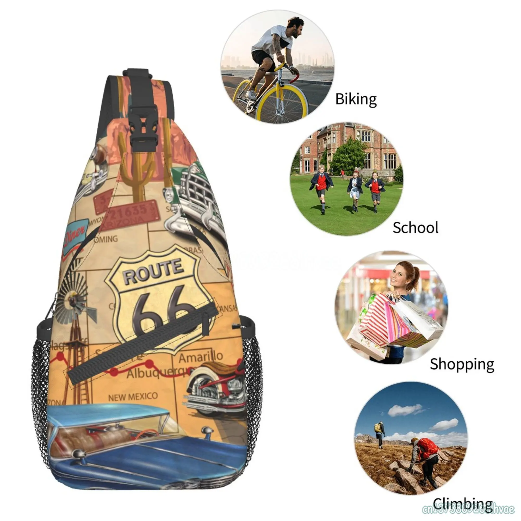 US Route 66 Sign Print plecak na ramię torba typu Crossbody Sling Bag Travel małe plecaki turystyczne wzór lina w klatce piersiowej plecak na ramię dla Unisex