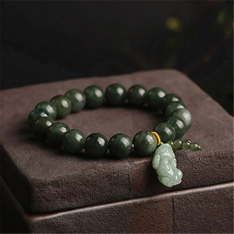 

Natural Grade A Jade Jadeite Round Bead With Hand-Carved Pixiu Charm Link Bracelet Men and Women Adjustable Bangle Lucky Jewelry