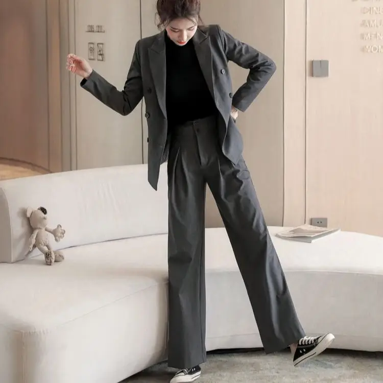

Autumn Women's Grey Suit Set 2 Piece Fashion Double Breasted Blazer and Wide Leg Pants Office Lady Work Outfit