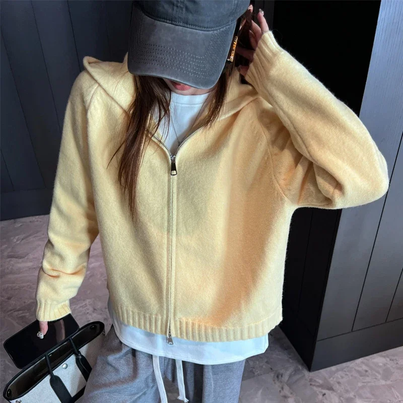 Korean Zipper Up Hooded Cardigans Women Autumn Winter Warm Knit Long Sleeve Cardigan Woman Lazy Style Solid Loose Outerwear