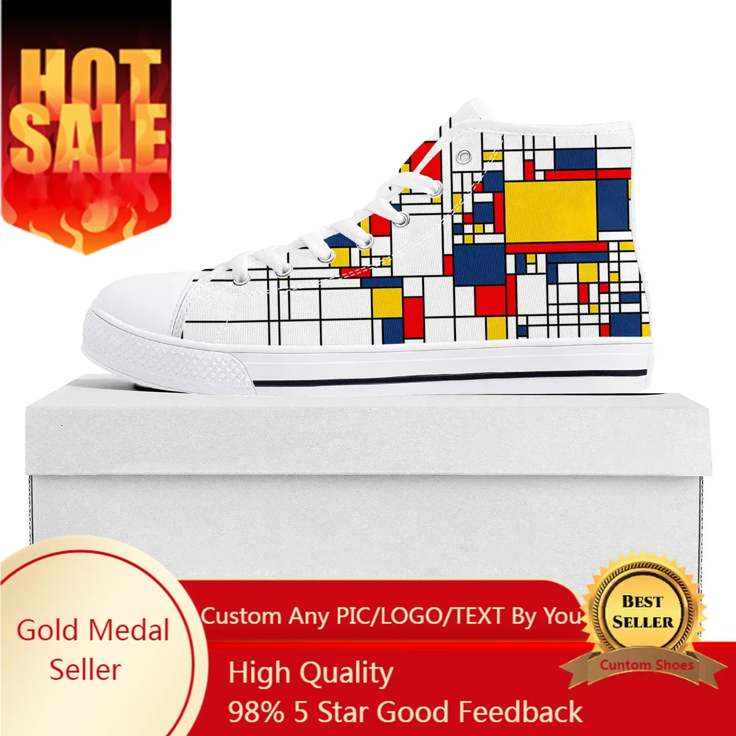 

Mondrian Abstract Art Aesthetic High Top High Quality Sneakers Mens Womens Teenager Canvas Sneaker Couple Custom Made Shoes