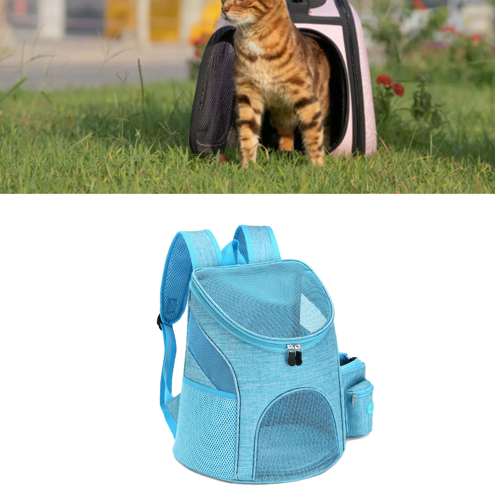 

Light Blue S Size Dog Carrier Backpack Nylon Polyester Breathable Mesh Foldable Portable with Snack Pocket for Small Pets