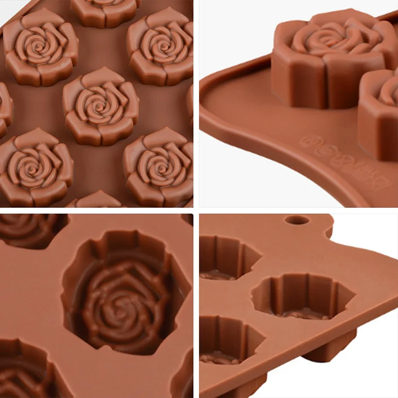 Rose Silicone Molds 15-Cavity Mini Flower Shape Silicone Non-Stick Rose Chocolate Candy Baking Molds for Cookie Ice Cubes Making