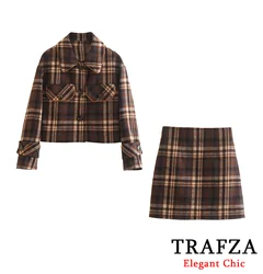 TRAFZA-Women Fashion Tweed Jacket Skirt Set Vintage Plaid Pocket Jacket A-Line Mini Skirt New Fall Winter High Street Skirt Set