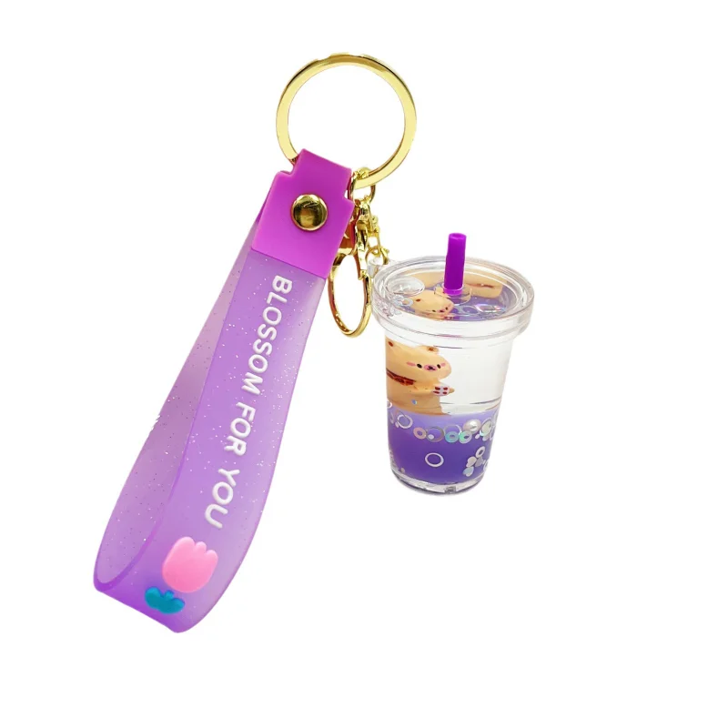 Acrylic creative oil bear milk tea cup keychain couple cute quicksand pendant drift bottle