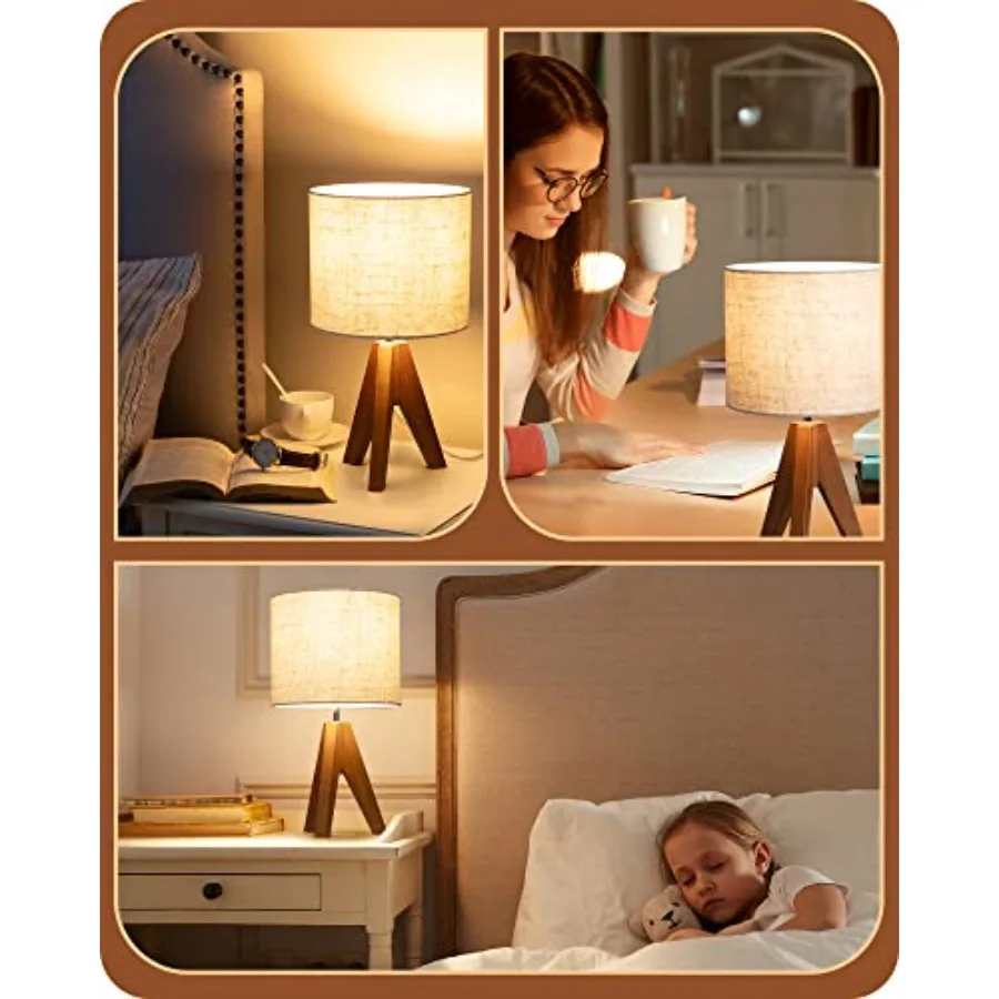 Lampada da tavolo piccola Lampada da comodino treppiede in legno con paralume in tessuto di lino Lampada da comodino da 14,2 pollici per camera da letto Soggiorno Ufficio 2