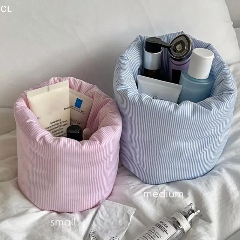 Striped Storage Basket Soft Cosmetic Organizer Bucket Makeup Brush Holder Portable Desktop Storage Bin For Bedroom Bathroom