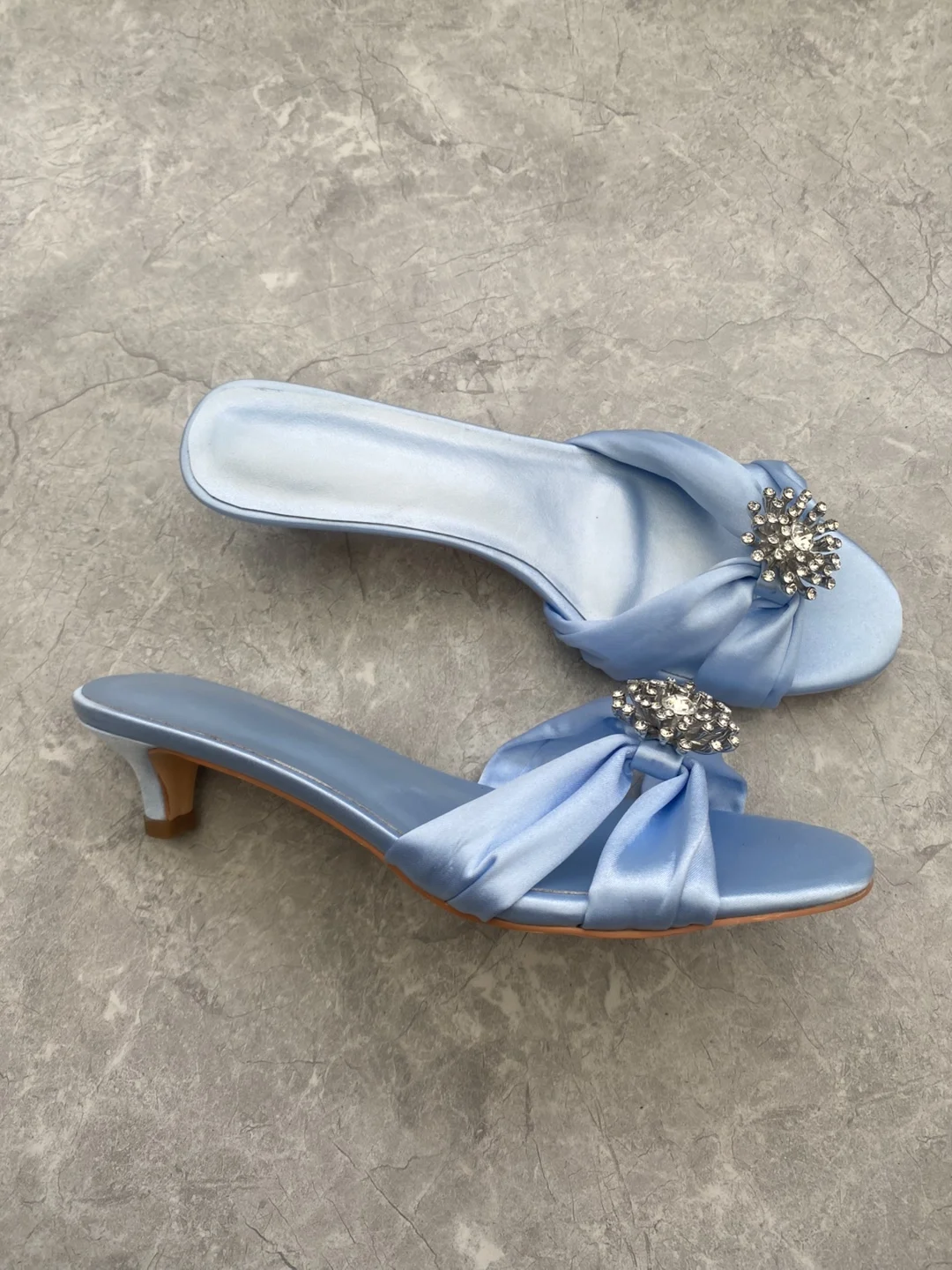

Summer New Women's Light Blue Satin Kitten Heel Mules Rhinestone Bow Decor Open Toe Slip On Party Wedding Fairy Style Slippers