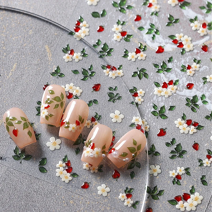 Lovely White Flowers Red Strawberry 3D Jelly Self Adhesive Nail Art Stickers Cute Bunny Fruits Bowknot Manicure Decals Wholesale