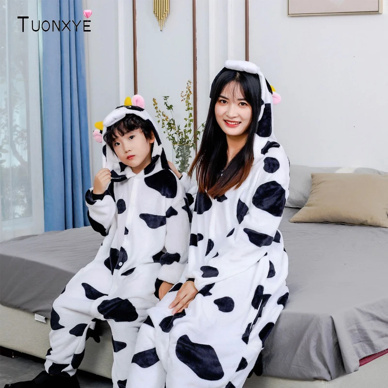 TUONXYE Cows Style Pajama Male Girl Onesie Animal Cosplay Winter Party Jumpsuit Parent-child Outfit Mother Daughter Clothes