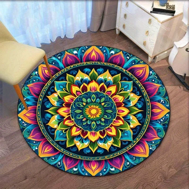 Mandala colorful floral round rug bohemian yoga meditation crystal velvet carpet for living room bedroom spiritual home decor