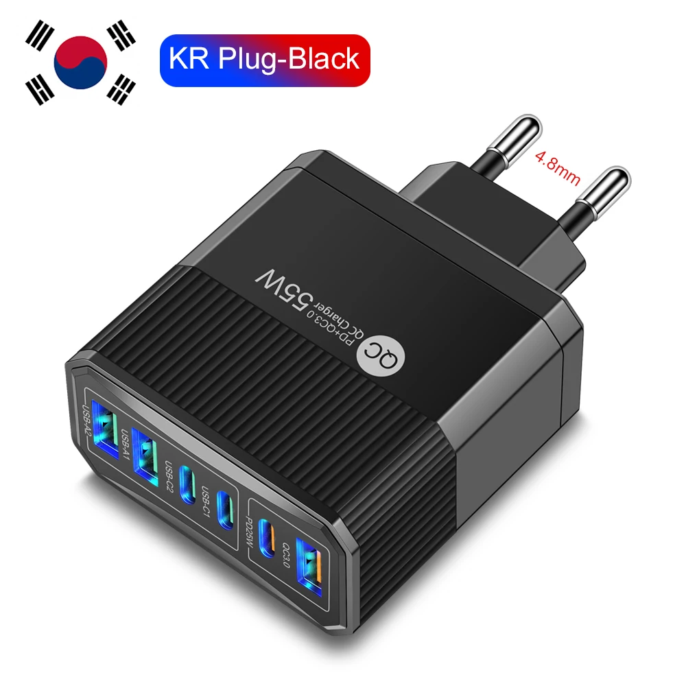 Cargador de carga rápida con enchufe coreano, cargador de pared con 6 puertos USB tipo C para Samsung A23, S23, iPhone 14 pro max, Xiaomi KR, 55W