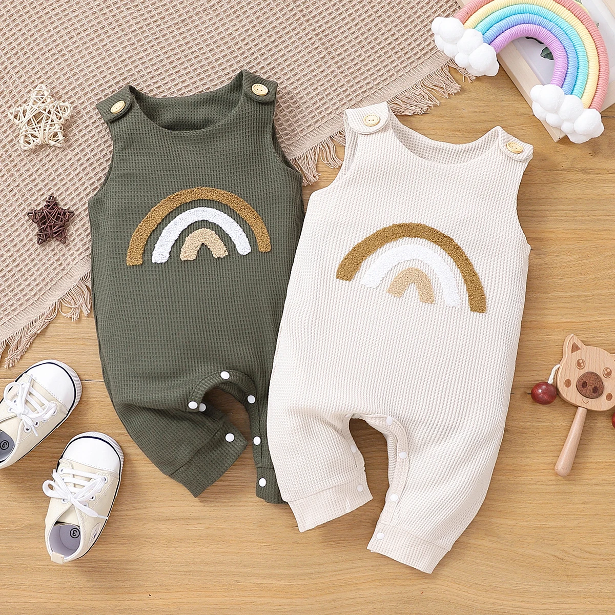 PatPat Baby Boy/Girl Rainbow Embroidered Waffle Tank Jumpsuit