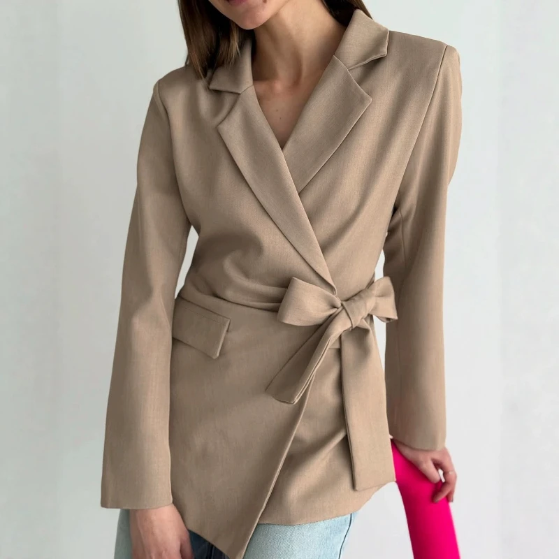 2026 Autumn Hot Selling Solid Color Lace up Waist Cinching Irregular Cross Lapel Commuting Suit