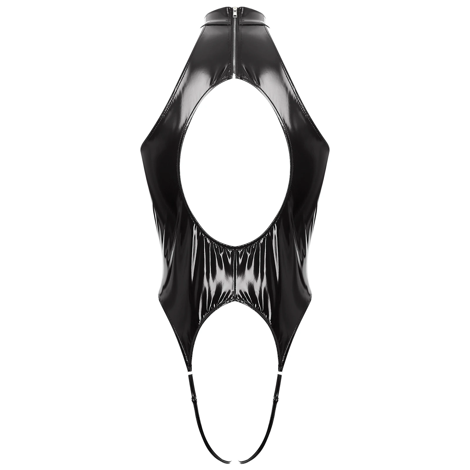 Mens Wetlook Patent Leather One Piece Bodysuits Halter Cutout Front and Back Crotchless Lingerie Sexy Teddy Club Dancewear