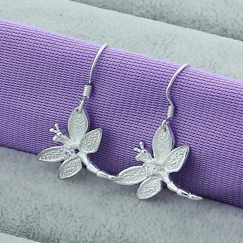

925 Sterling Silver Earring Women Inlaid Stone Dragonfly Design Beautiful Cute Wedding Jewelry Factory Price