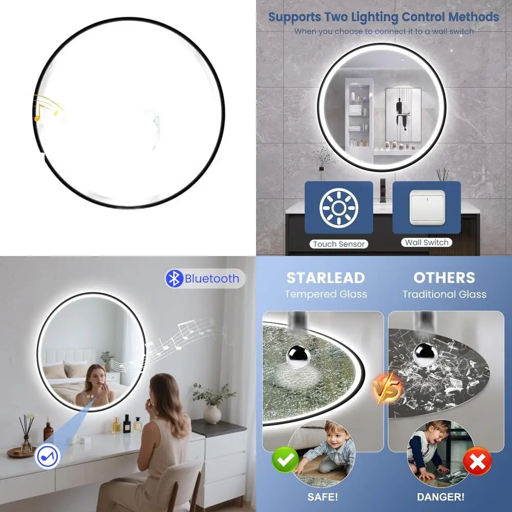 

24-дюймовое круглое LED-зеркало для ванной с Bluetooth-колонкой, регулируемой подсветкой, 3 цветами, функцией антизапотевания, сенсорным управлением, настенное