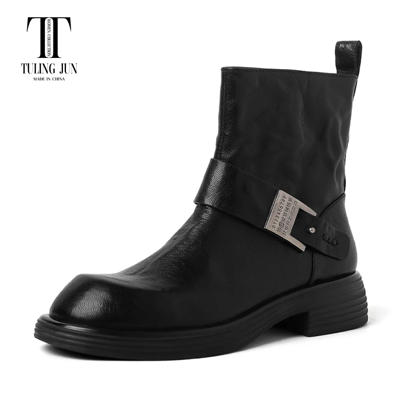 

TULING JUN Winter 2023 Mature Woman Round Head Solid Color Chelsea Ankle Boots Med-Heels Concise Shoes For Female T-MK8938