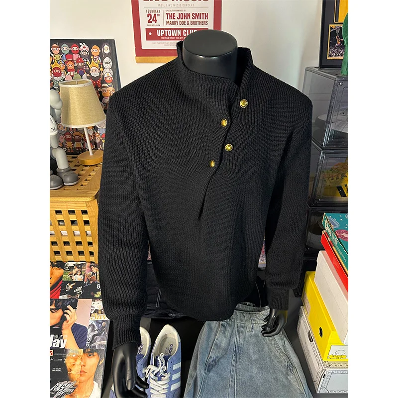 

Женский вязаный свитер больших размеров M-5XL, модный топ с воротником-стойкой и металлическими пуговицами, уникальный асимметричный пуловер большого размера M-5XL