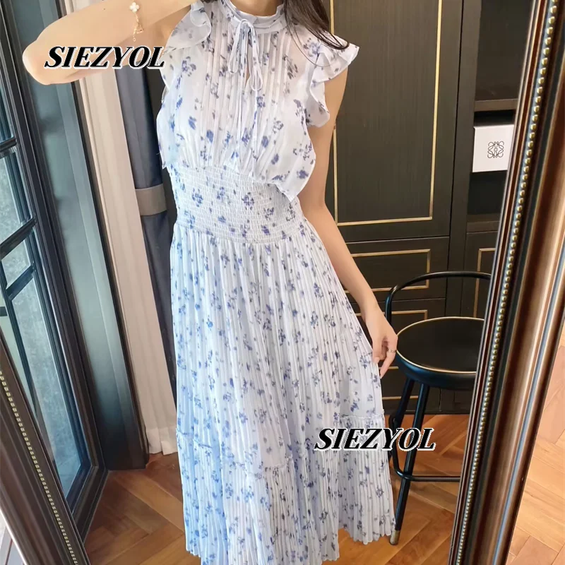 Japanese Floral Fresh Style Thin Printing High Waist Maxi Dress Sweet Cute Girls Wrinkled Flying Sleeve Chiffon Long Dresses