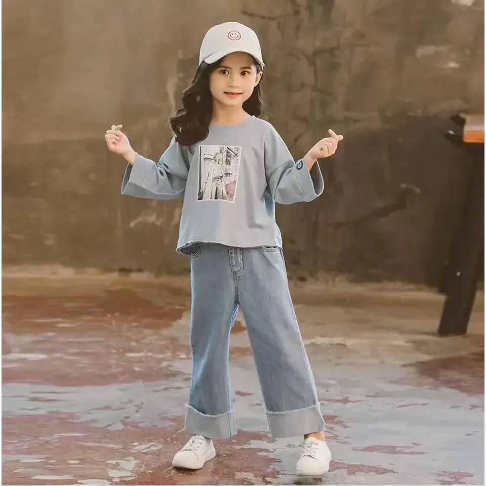 Set di vestiti per ragazze autunnali primaverili per adolescenti 2024 felpa a maniche lunghe per bambini + Jeans 2 pezzi abbigliamento per bambini