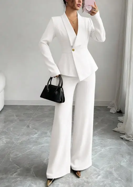 

Elegant Women's Set with Spring Temperament, Fashionable Lapel Suit Jacket and High Waist Wide Leg Pants Set Suitable for Work