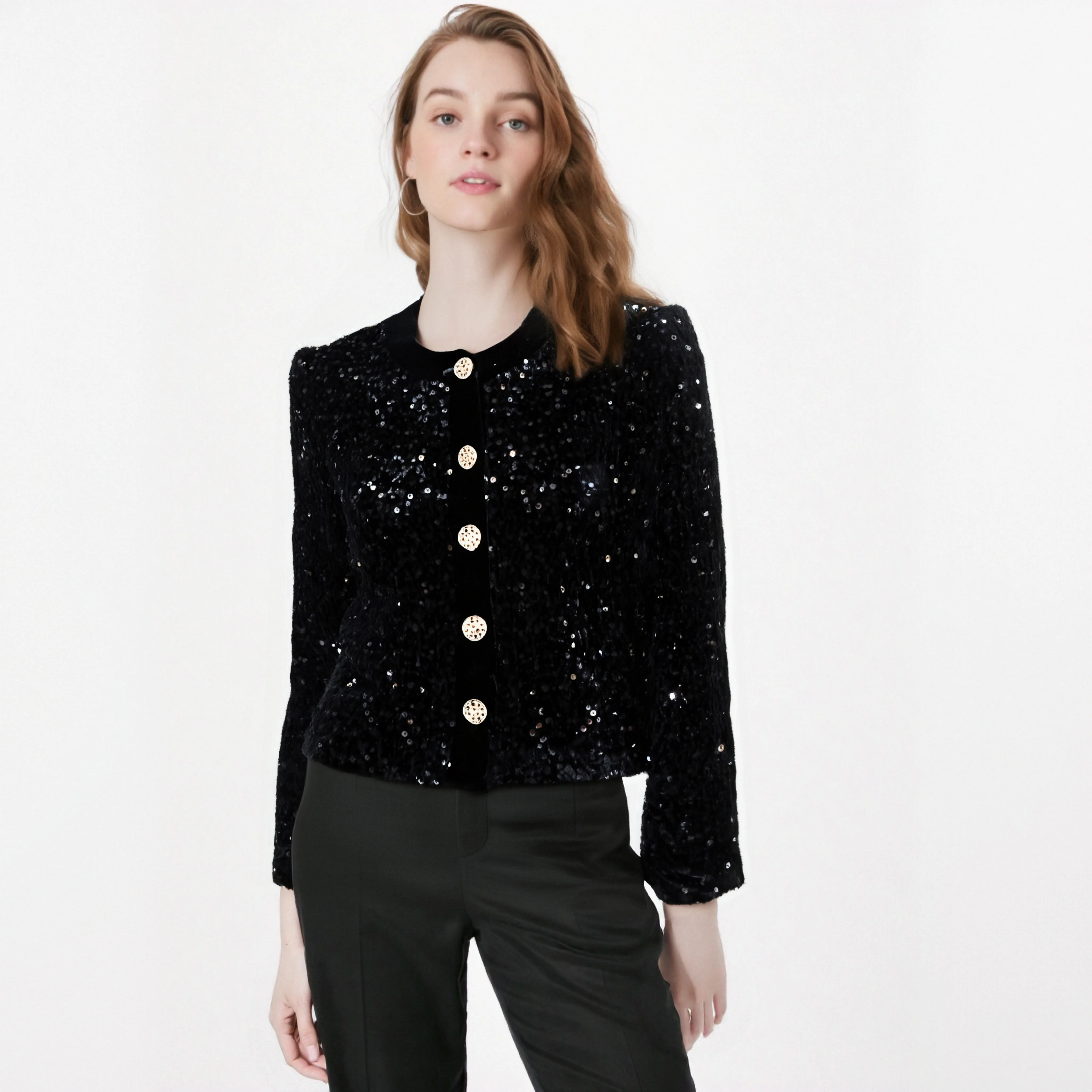 

Feminine round Neck Sequin Jacket Elegantly Designed High-End Fashion for Socialites Heavy Industry Style Small Fragrant Trend