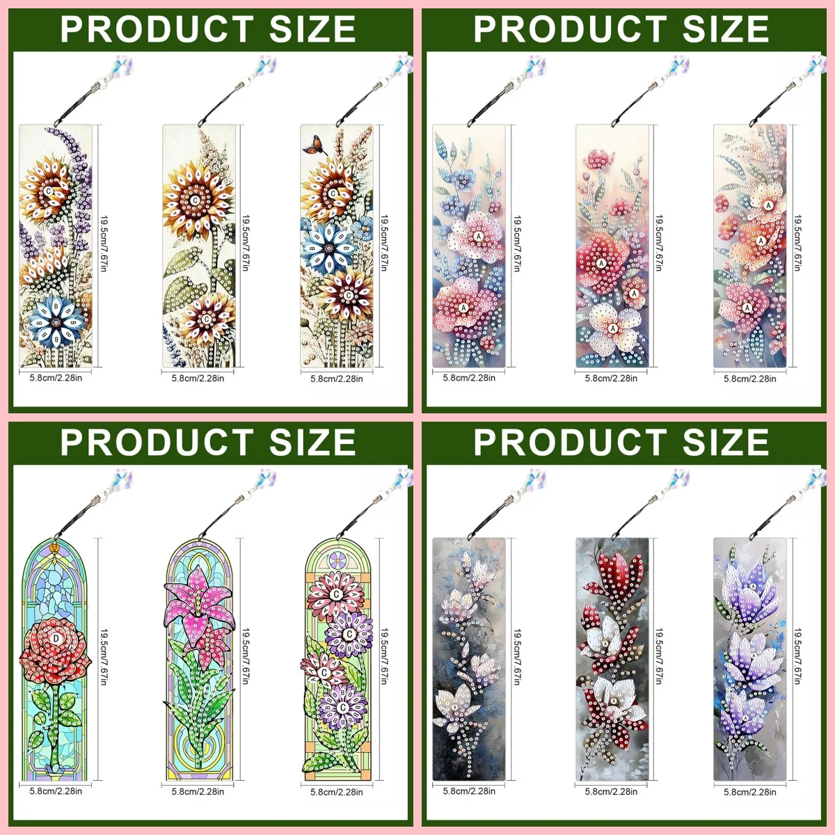 3-Piece Diamond Painting Set Bookmark Flower Series Acrylic Material Is Used for School Season Bookmarking, Holiday Gifts