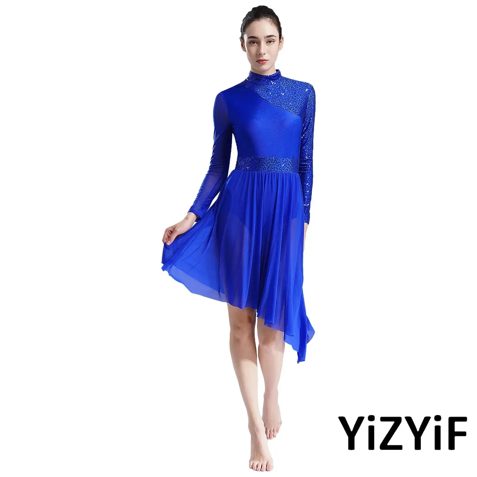 

Womens Elegant Ballet Latin Dance Dress Sparkly Sequins Long Sleeve Irregular Hem Dresses Dance Performance Competition Costume