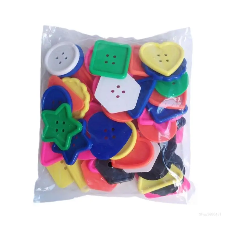 50 Pcs Craft Buttons Threading Toy Bright Buttons Geometric Shapes Buttons