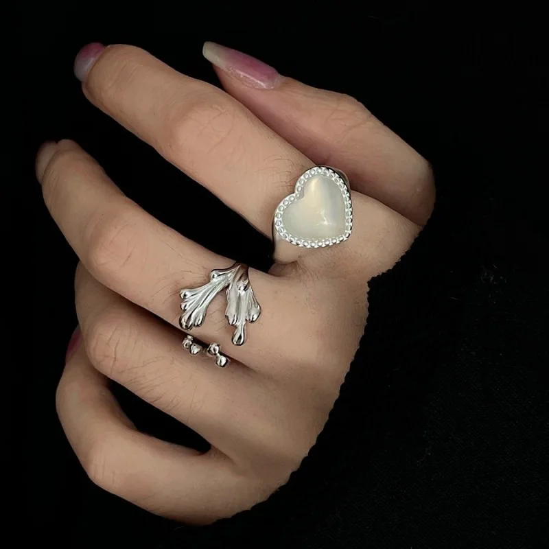 

VENTFILLE 925 Sterling Silver Moonstone Banana Leaf Ring for Women Girl Gift Heart Originality Opening Jewelry Gift Dropshipping