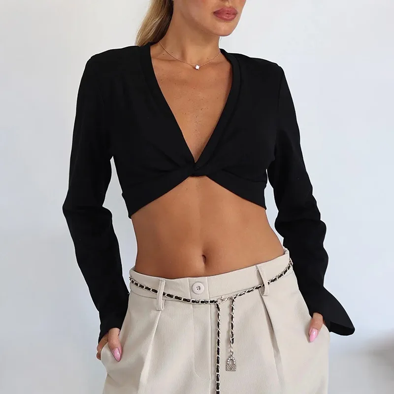 Y2K Twist Front Crop Tops Women V Neck Long Sleeve T Shirt 2026 Autumn Sexy Ultra Short Slim Fit Casual Streetwear Basic Tees