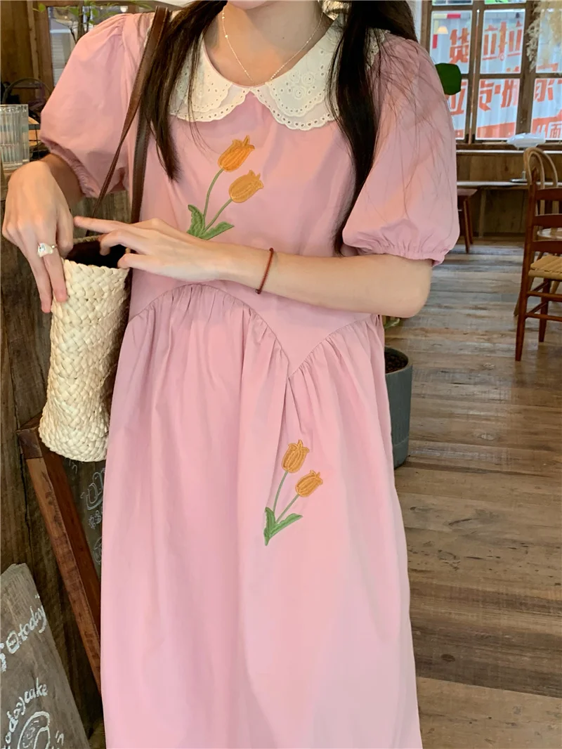 Japanese Sweet Lolita Dresses Women Summer Vintage Floral Embroidery Peter Pan Collar Dress Korean Preppy High Waist Vestidos