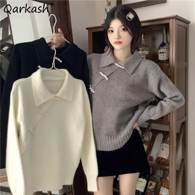 

Vintage Chinese Knot Button Pearls Pullovers Women Young Sweet Fashion Loose Leisure Knitted Tops Girls Chic All-match Sweaters