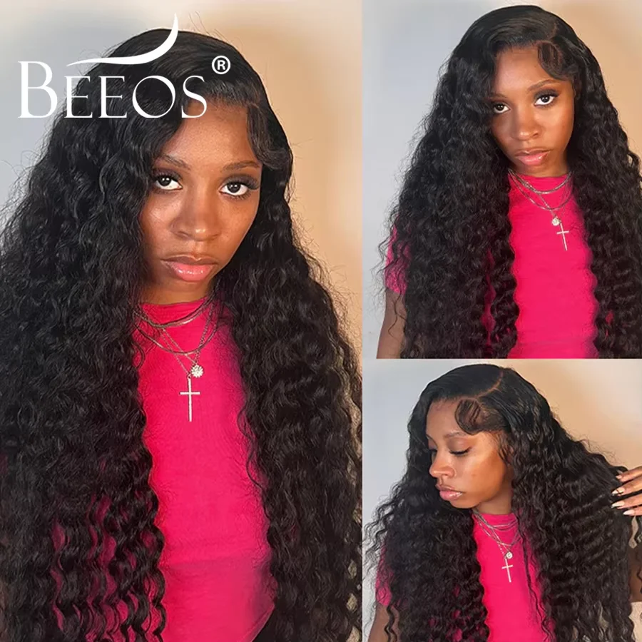 #1 Jet Black 13x6 HD Lace Frontal Human Hair Wigs Deep Wave Wigs Ultra Fitted Brazilian Virgin Hair Middle Part Bleached Knots view 4