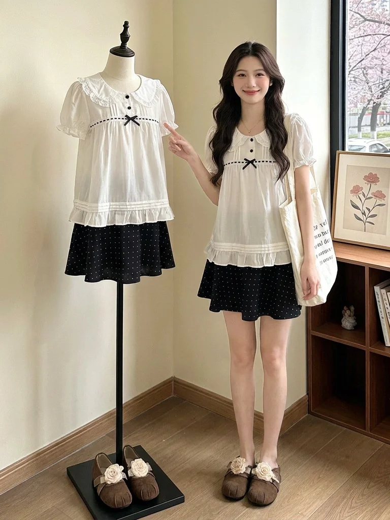 

plus Size Women's Fashion Set Summer Polka Dot Doll Collar Shirt And Skirt Two Piece Ensemble Korean Style Casual Commute Wear