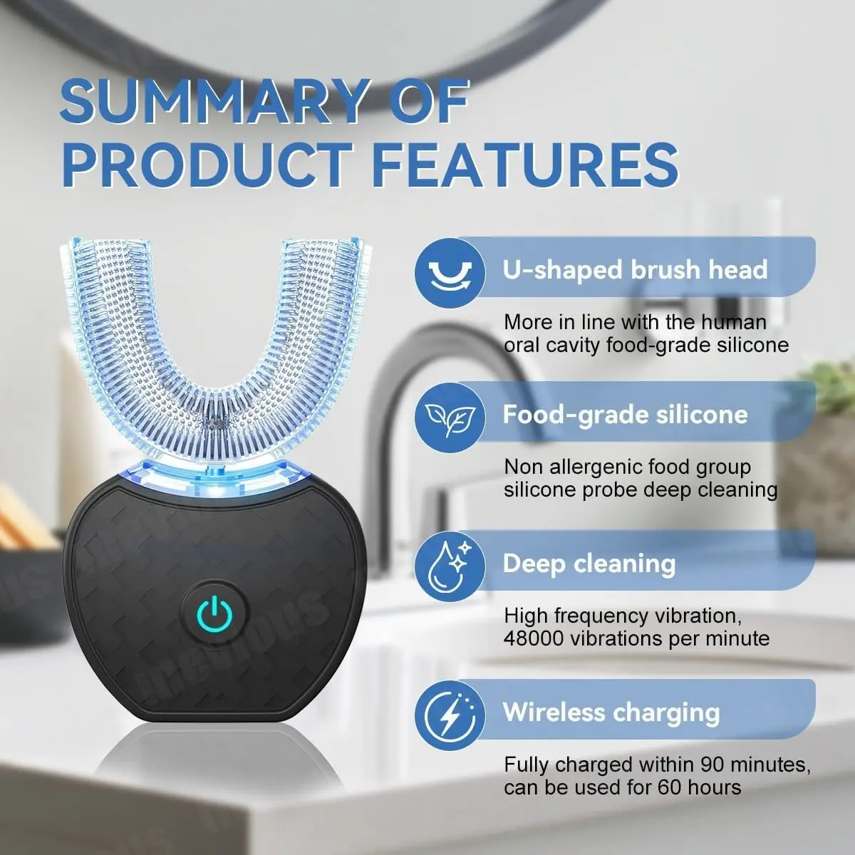 Adult U-shaped ultrasonic electric black 360 ° full-mouth automatic cleaning with LED light hand-held