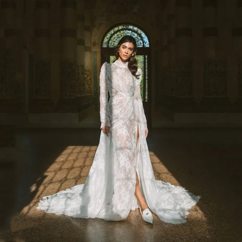 Luxury Mermaid Lace Wedding Dress 2026 Sexy High Side Slit Pleat Long Sleeves High Neck Simple Detachable Train Gown Customized
