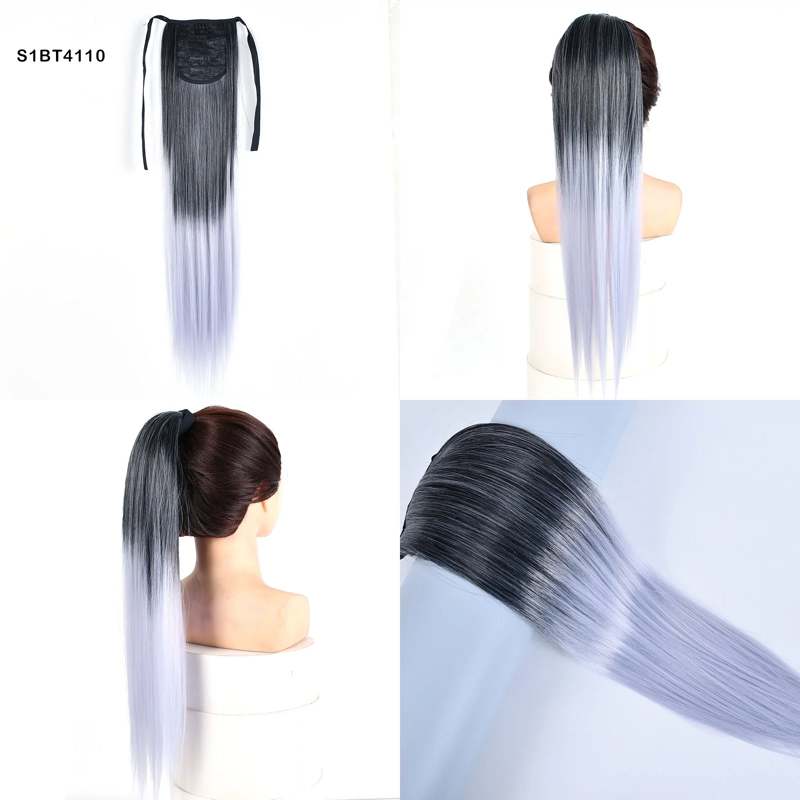 Jeedou Synthetic Ponytails Light Silver Gray Color Hair Extension Ribbon Drawstring Straight Wavy Ponytail Cosplay Hairpiece