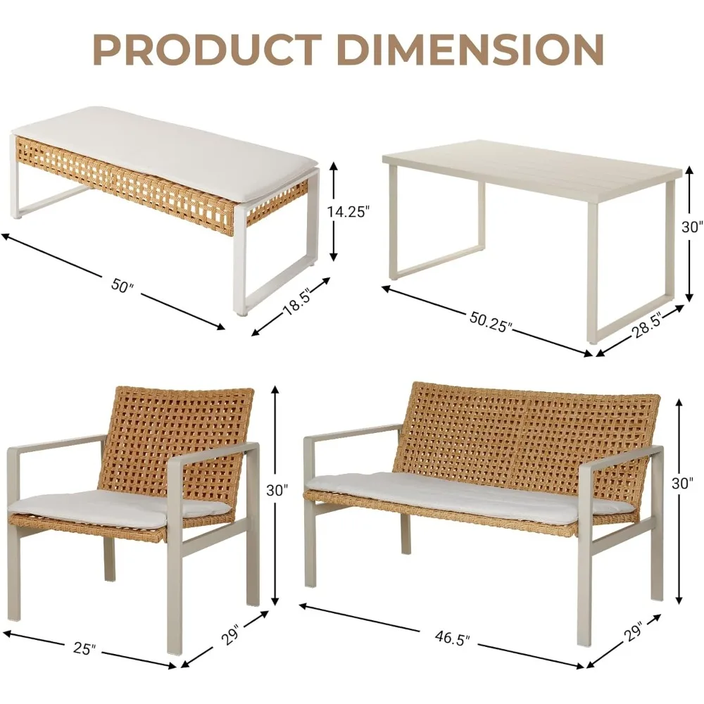 طقم طعام خارجي مكون من 5 قطع، طقم طاولة طعام فناء من الخيزران يتسع لـ 6 أشخاص مع وسادة مقعد، أثاث خارجي معدني حديث #6