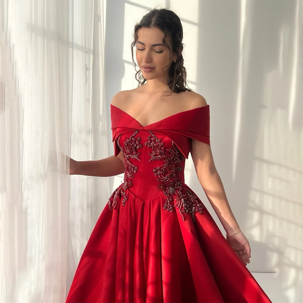 절묘한 레드 이브닝 드레스, 포멀 드레이프 슬리브리스 오프숄더 아플리케 가운, 우아한 여성 롱 드레스 베스티도스