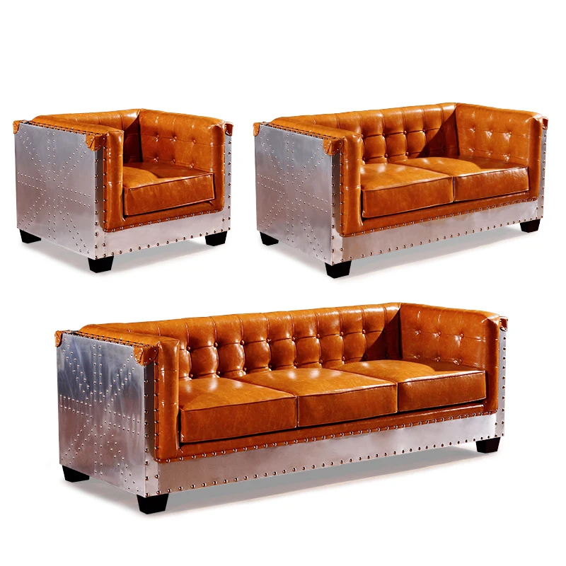 

European Sectional Lobby Club Hotel Retro Aluminum Arms Leather Seat Living Room Sofa Set
