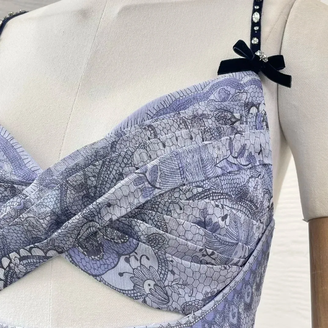 Linho de seda feminino cintura espaguete estilo romântico corte vestido roxo violeta sem alças mini vestidos para o verão estampa floral