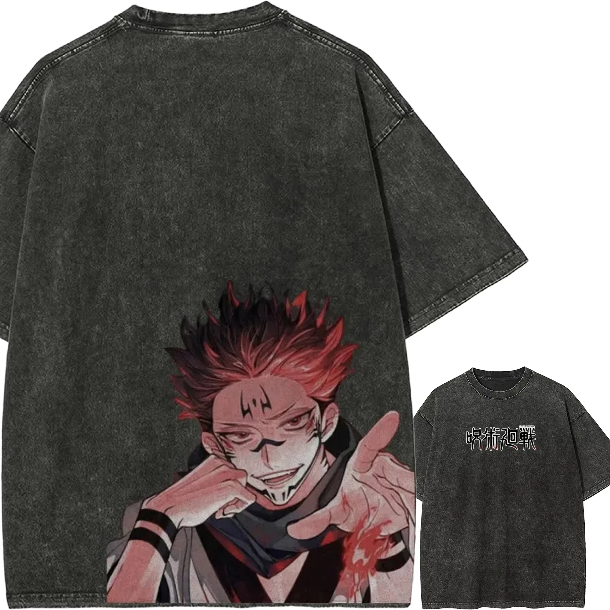 Jujutsu Kaisen T Shirt Men Acid Wash Ryomen Sukuna Blood Cursed Flame Sukuna Smirk Graphic Cotton Anime Tee Unisex