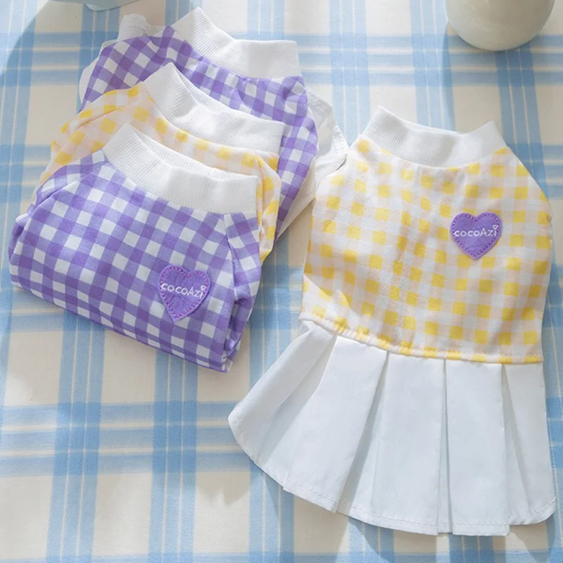 Purple Plaid Dog Vest Spring New Pet Couple Wear Teddy Two Legged Clothes Summer Dog Dress Puppy Clothing XS-XL