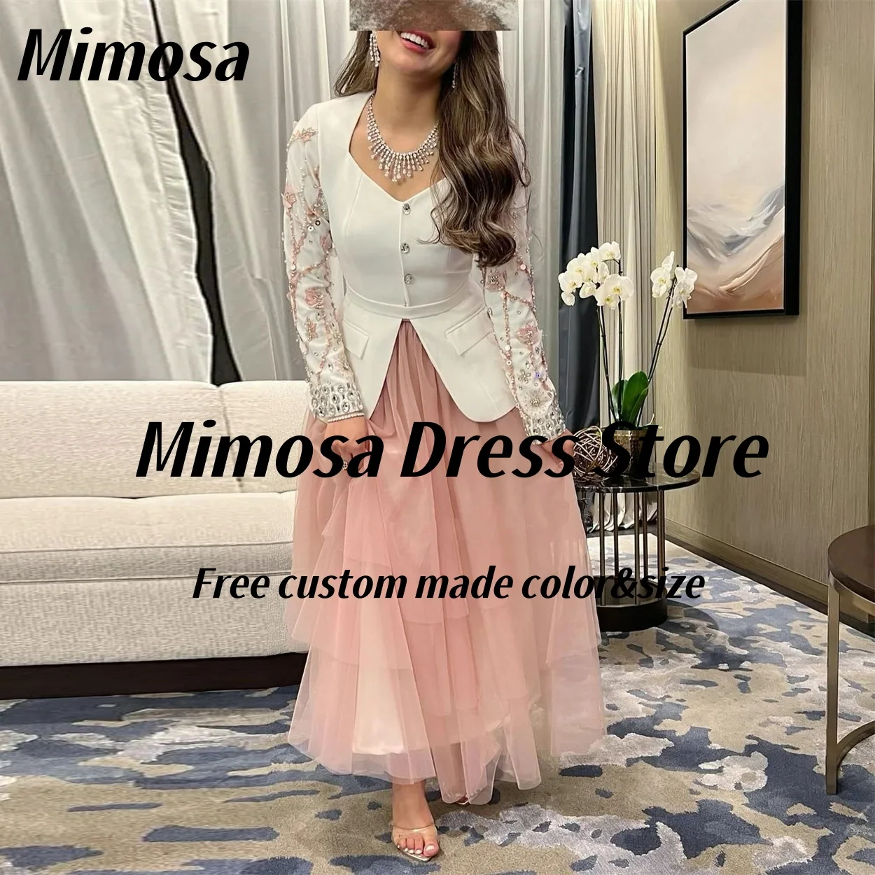 Mimosa Two Pieces Prom Dresses Beaded Flowers Long Sleeves Wedding Party Dress Tiered Tulle Evening Gowns Customized