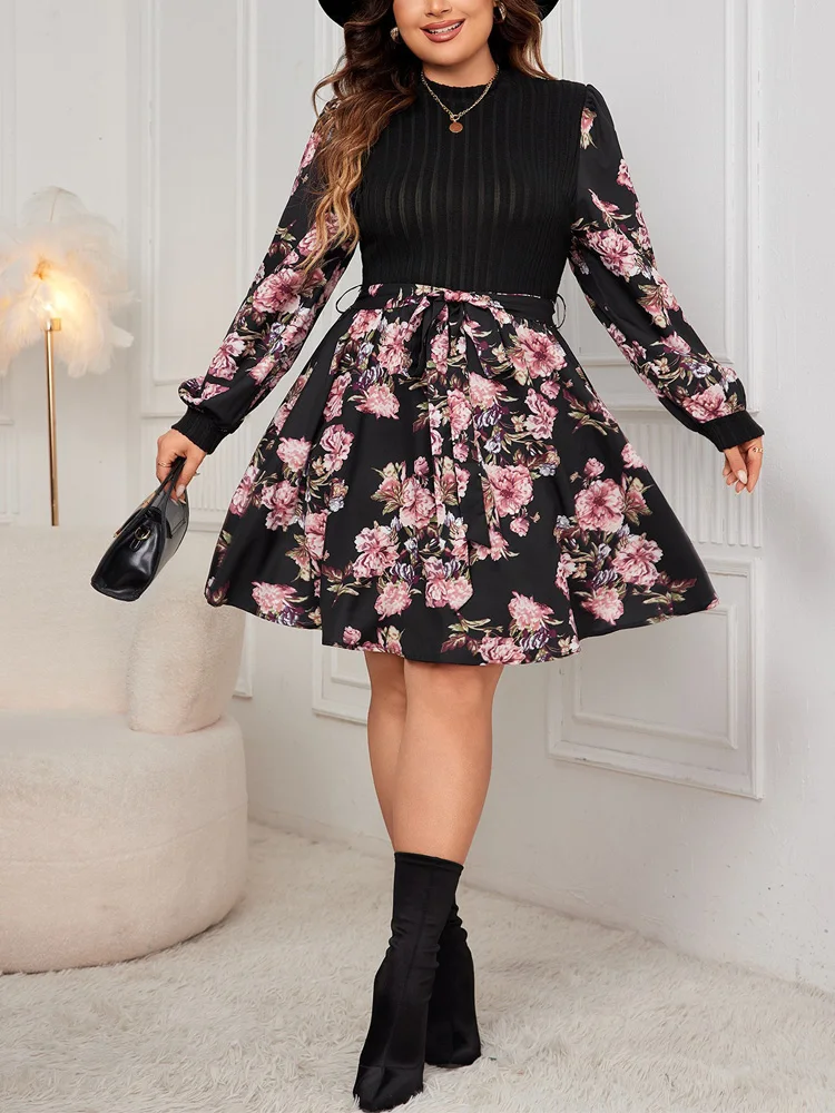 GIBSIE Plus Size Floral Print Rib-Knit Belted Dress Women Spring Fall Vintage Long Sleeve Stand Collar A-Line Dresses 2024 New