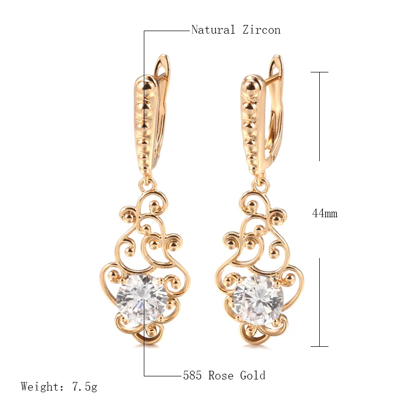 Wbmqda Vintage Ethnic Long Drop Earrings For Women 585 Rose Gold Color With White Natural Zircon Wedding Party Classic Jewelry